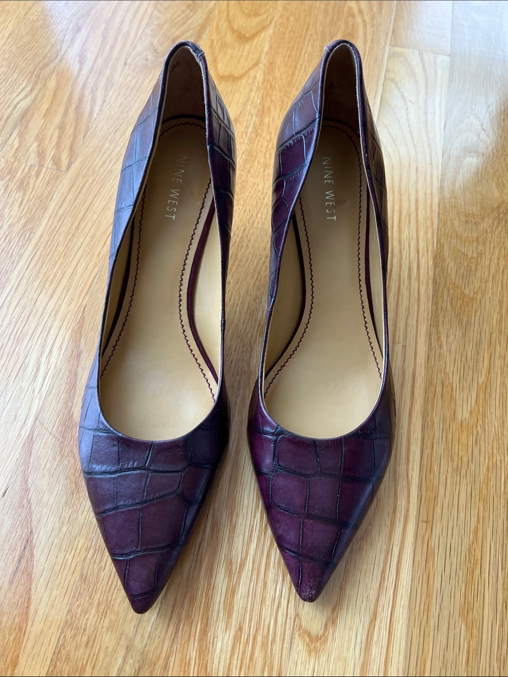 Nine West Burgundy Croc-Embossed Pointed-Toe Pumps